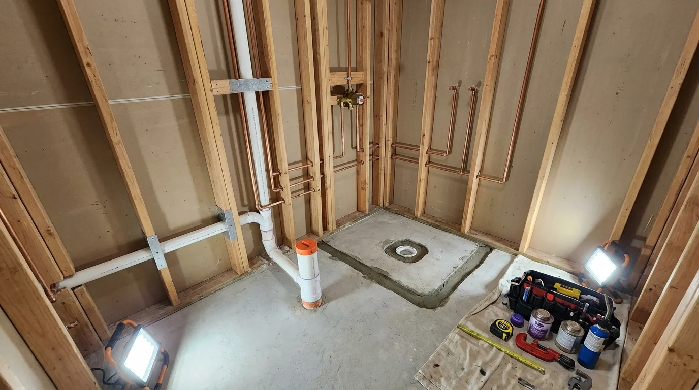 Bathroom rough-in plumbing during remodel by Johns Plumbing LLC in Lindsborg