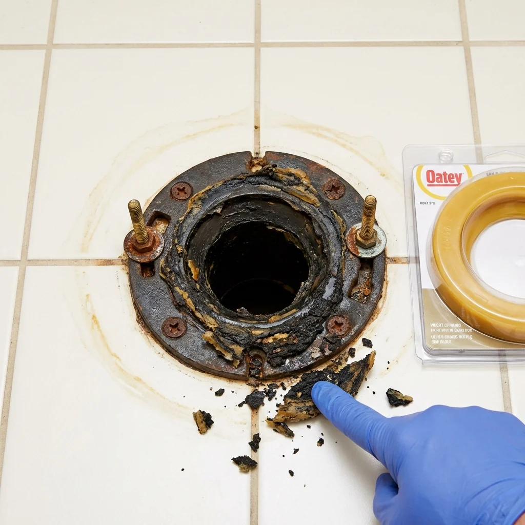 Failed wax ring showing water seepage at the base of a toilet in a Lindsborg, KS home