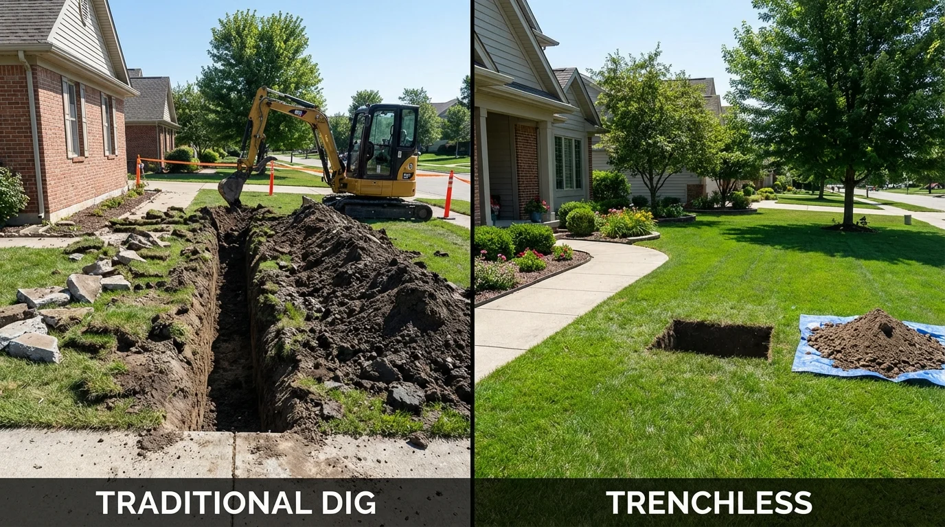 Trenchless sewer repair with minimal yard damage versus traditional excavation in Lindsborg, KS