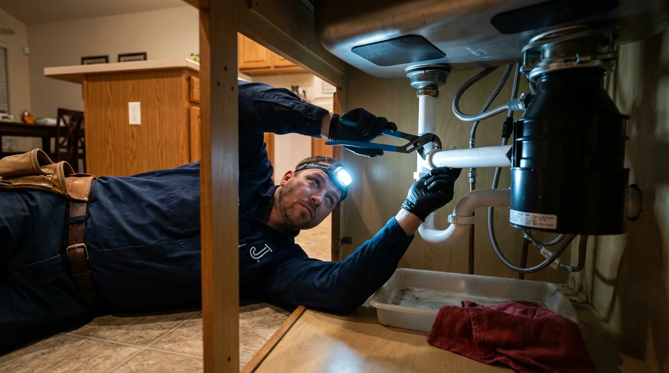 P-trap and supply line connections under a kitchen sink showing a common leak point in Lindsborg, KS